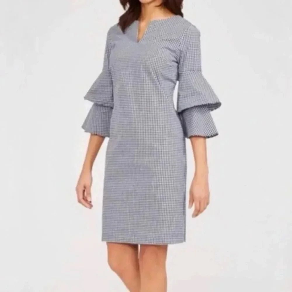 J. McLaughlin Letty Bell Sleeve Gingham Shift Dress with Bell Sleeves Sz L